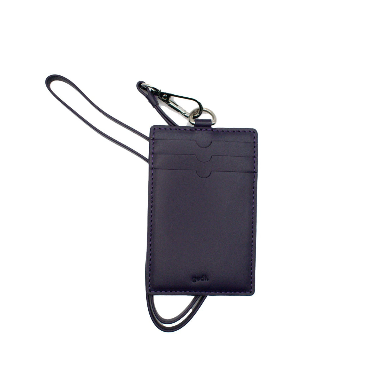 Dark Purple leather cardholder with lanyard on a white background