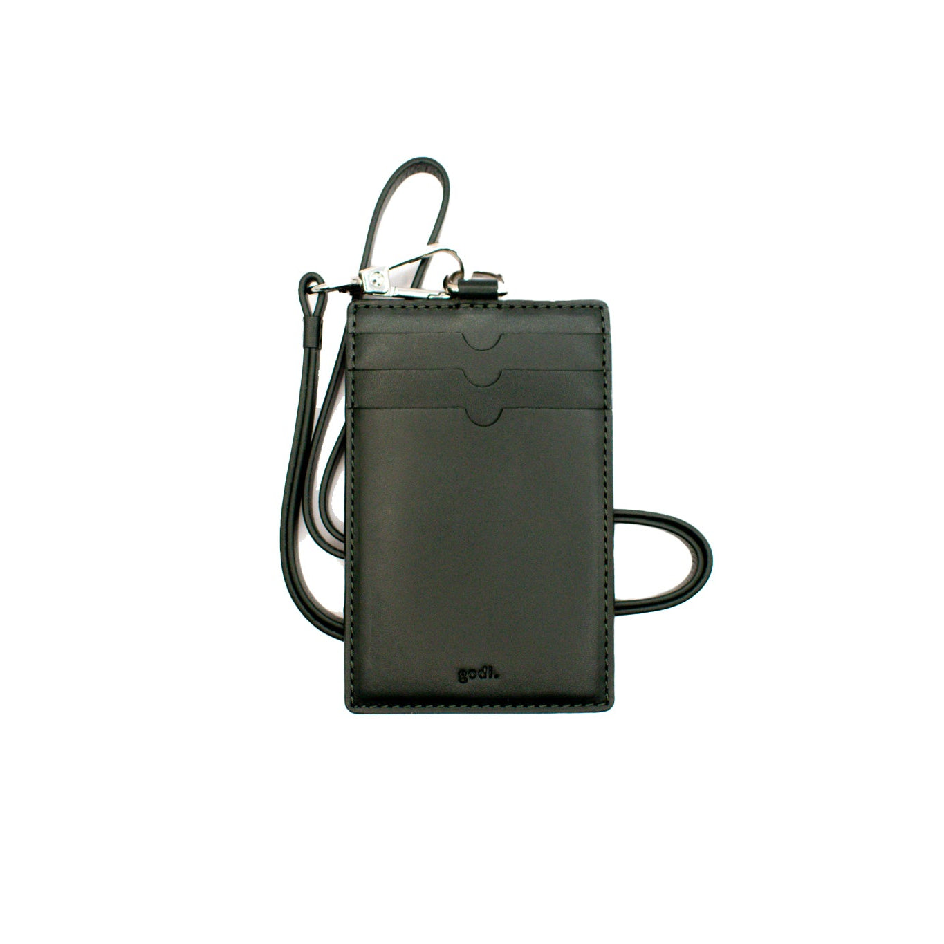 Dark Green leather cardholder with neck strap on a white background