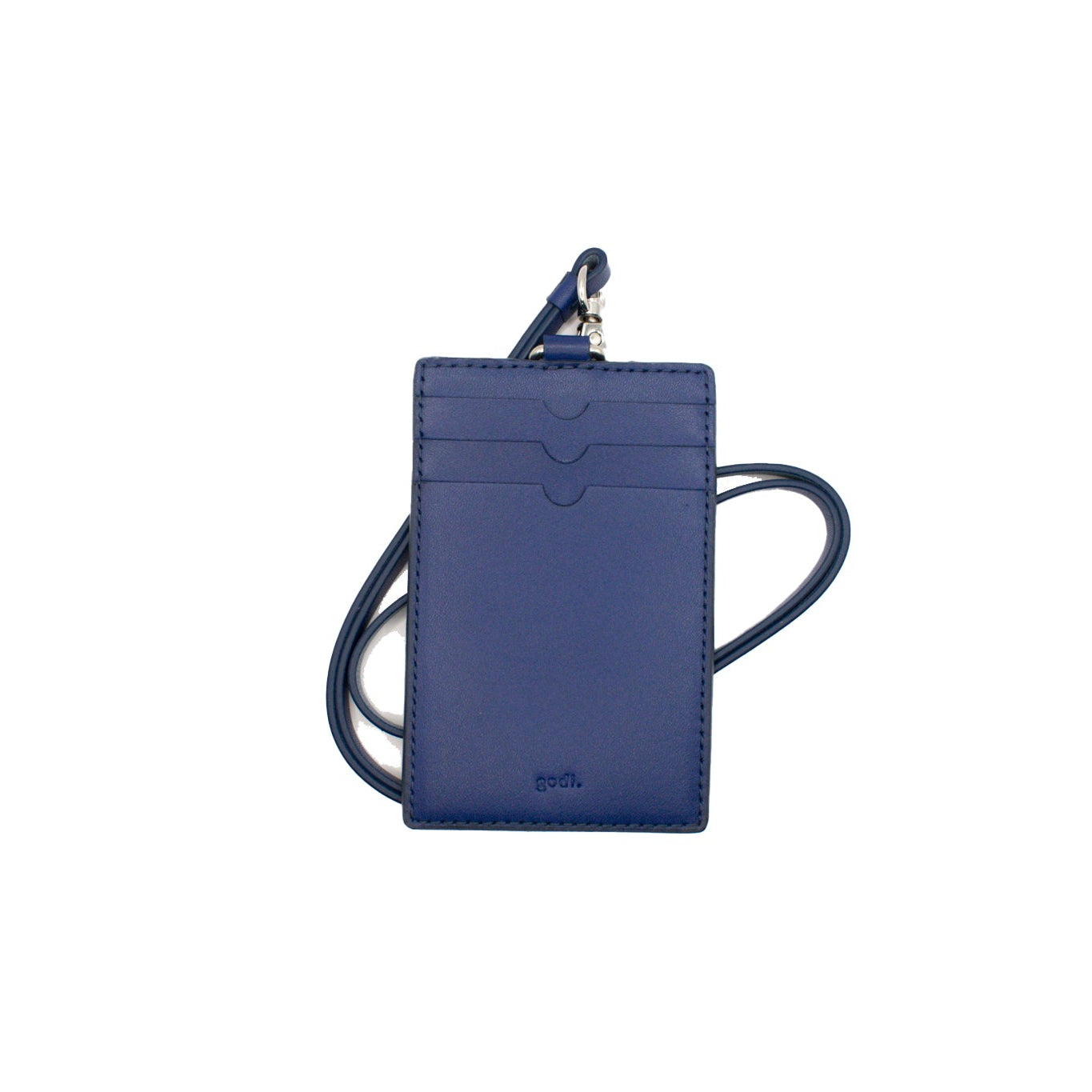 Blue leather lanyard card case with strap on a white background