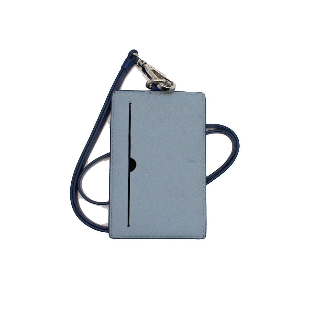 ice blue leather card case with a detacheable strap on a white background