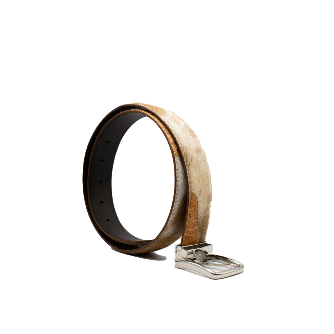 Cowhair Belt with a metal buckle on a white background