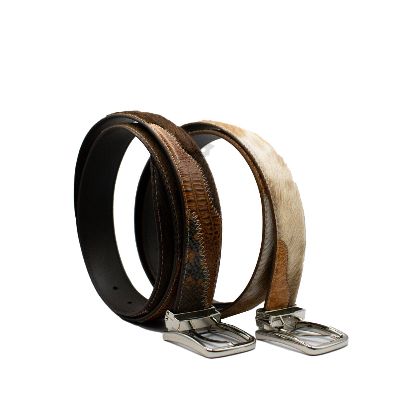 Two leather belts with metal buckles on a white background