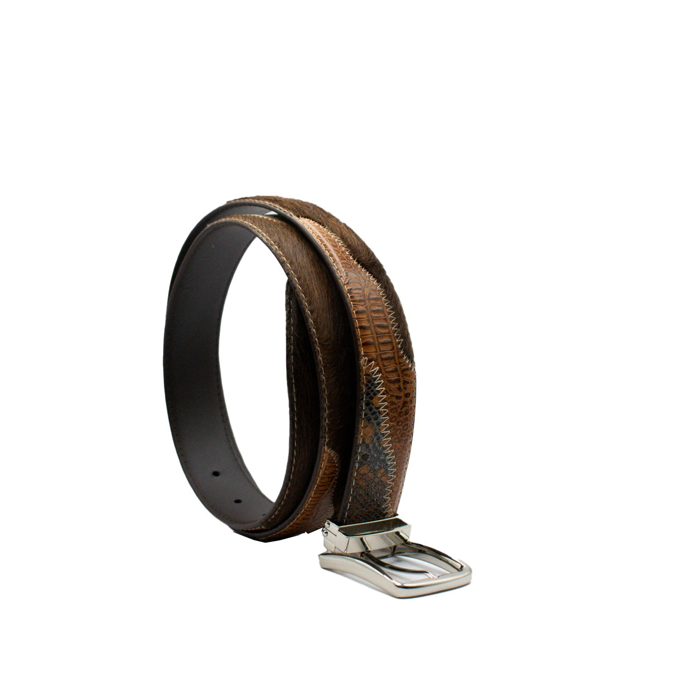 Brown leather belt with silver buckle on a white background