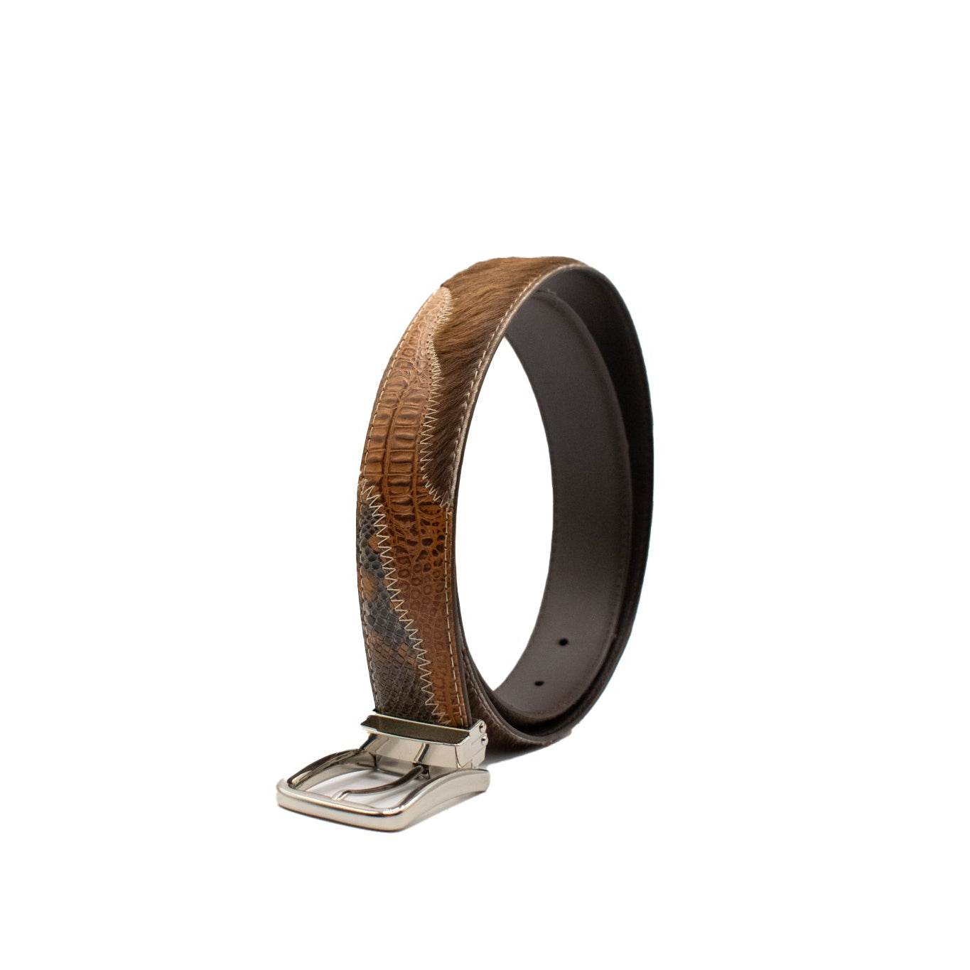Brown leather belt with silver buckle on a white background
