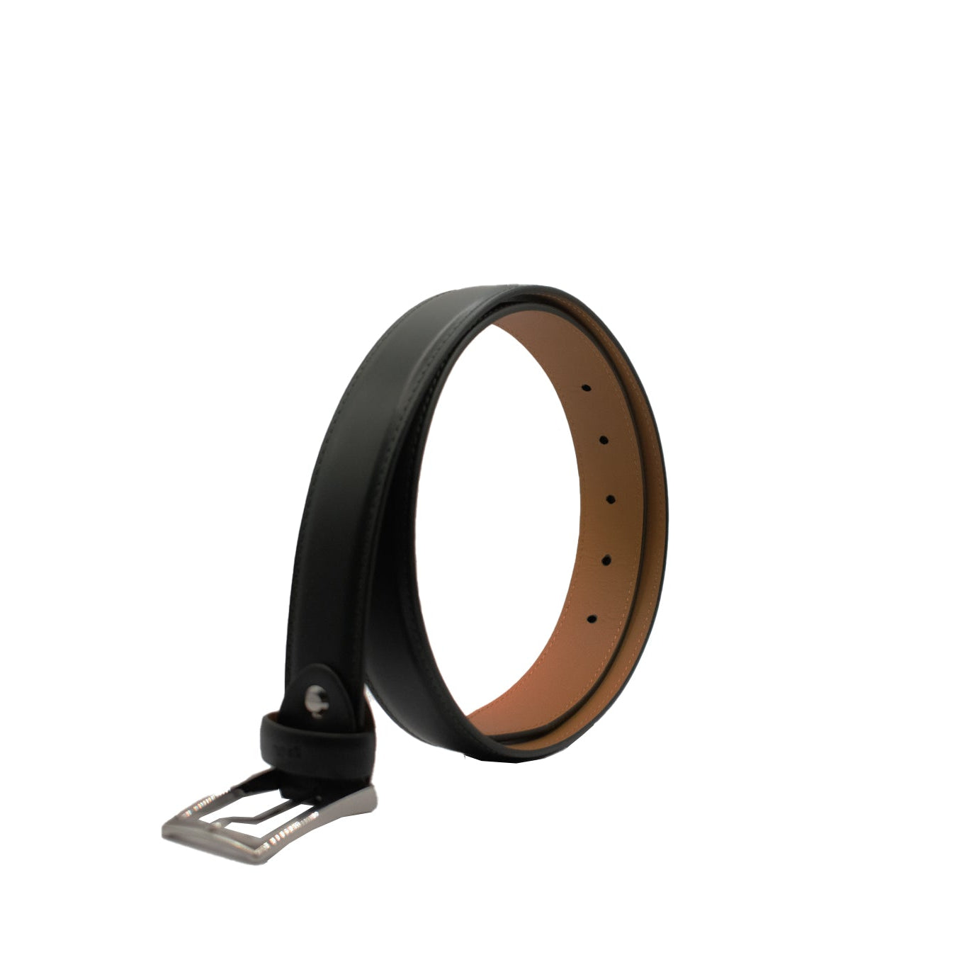 dark green belt with a tan leather lining and silver buckle on a white background