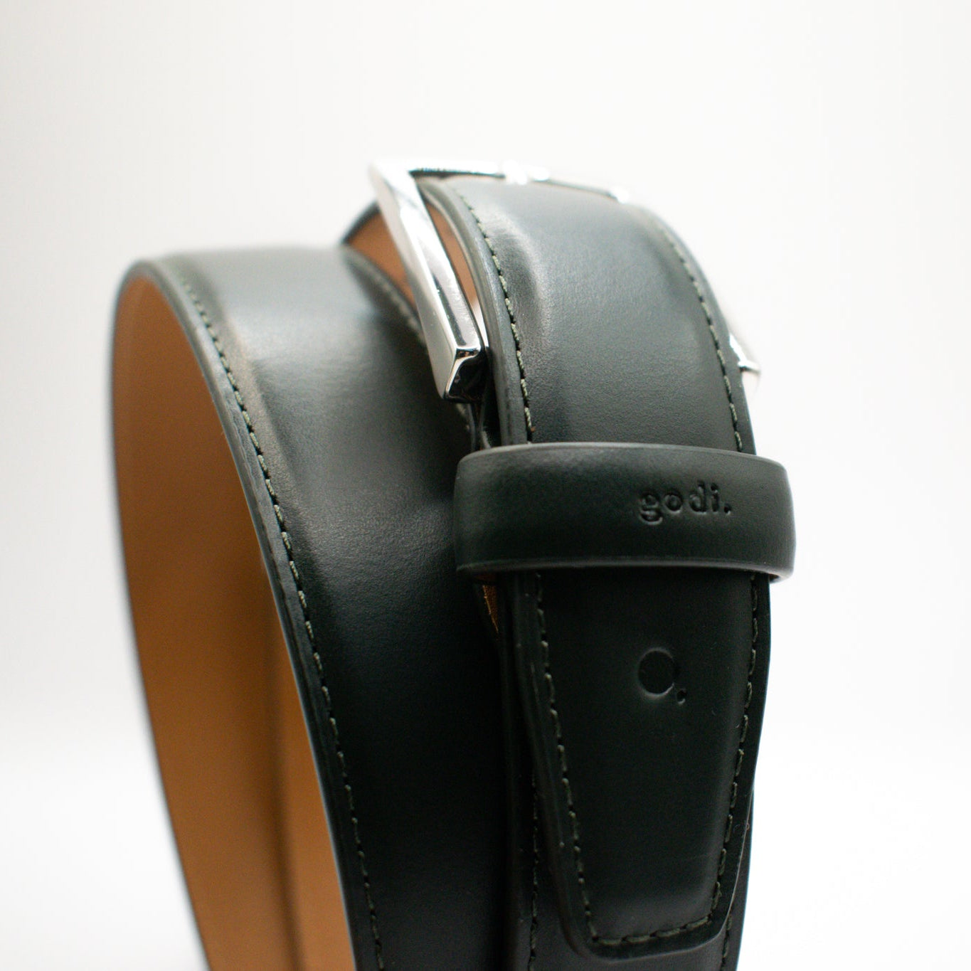 Dark Green Leather belt with silver buckle on a white background