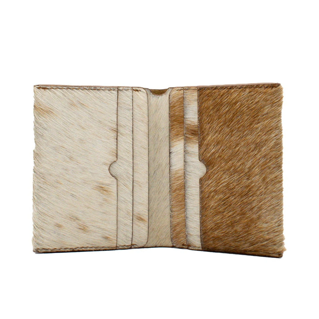 Two-tone leather wallet with brown and beige pattern on a white background