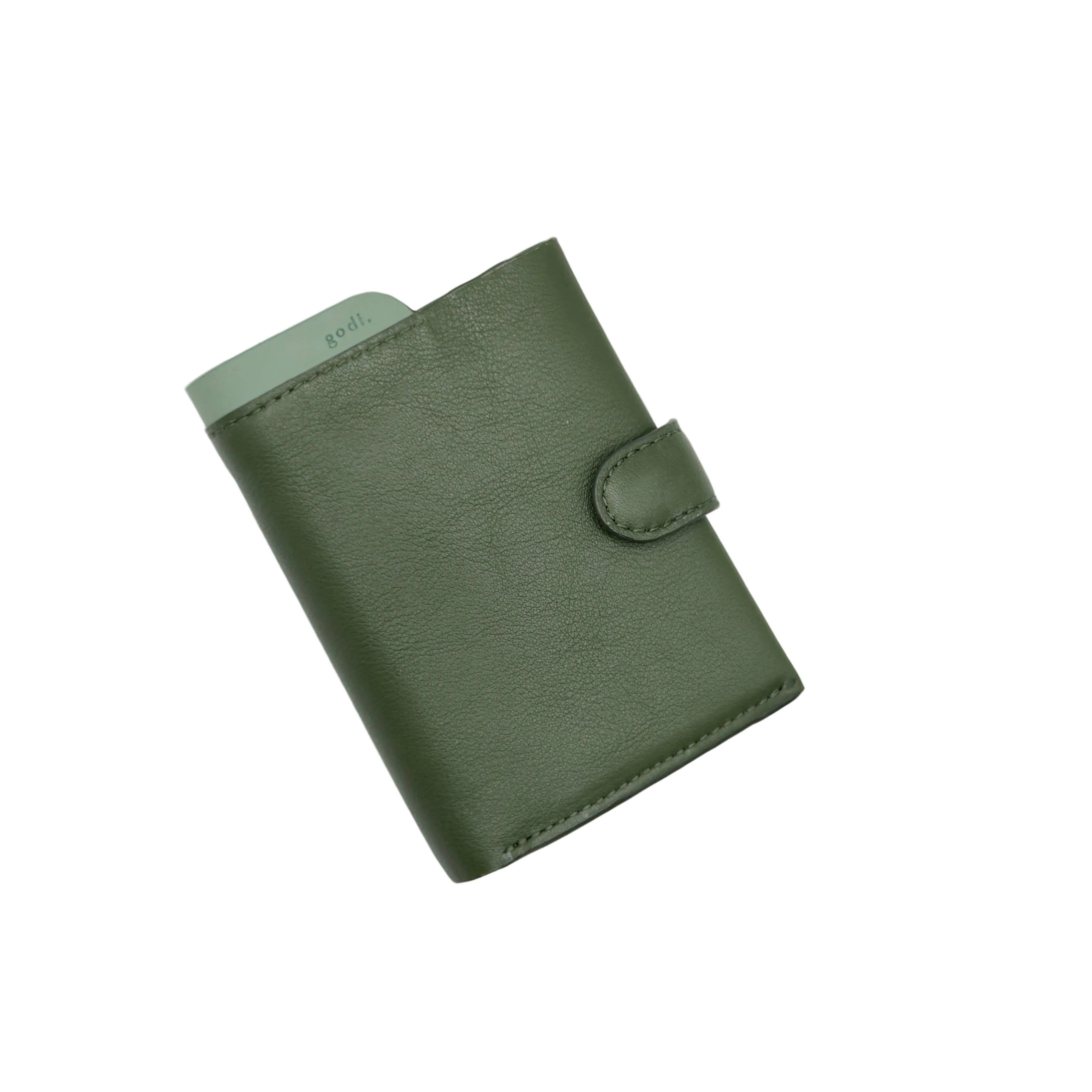 Green leather wallet on a light gray background