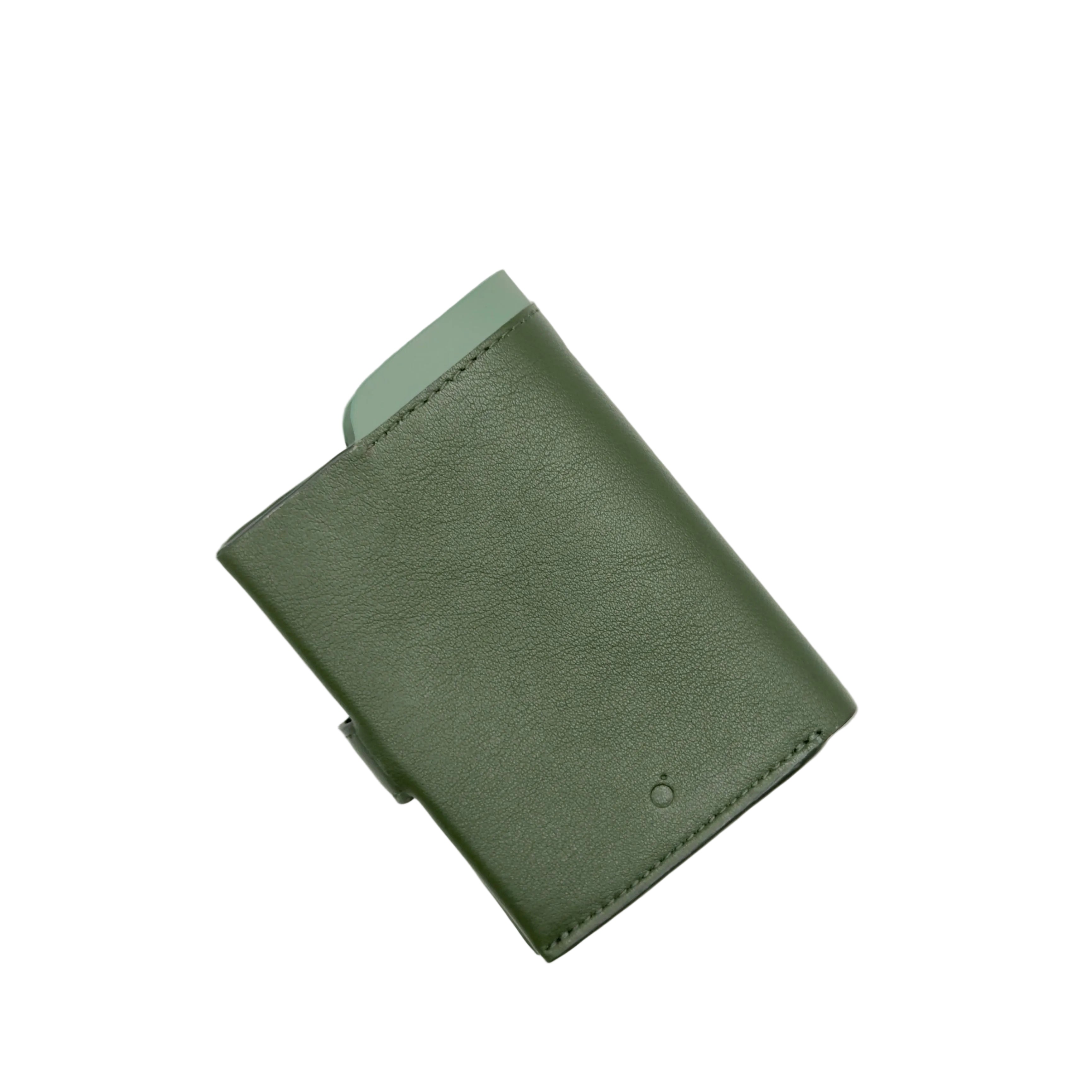 Green leather wallet on a light gray background