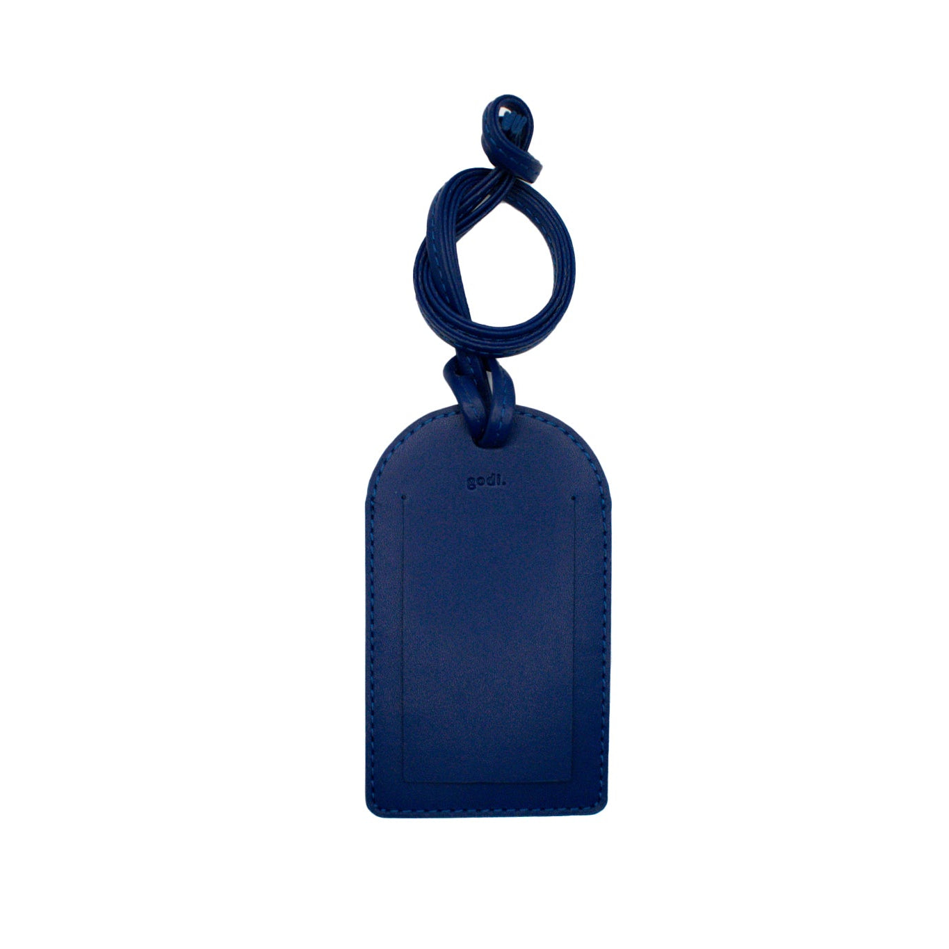 Navy blue luggagetag with a loop on a white background