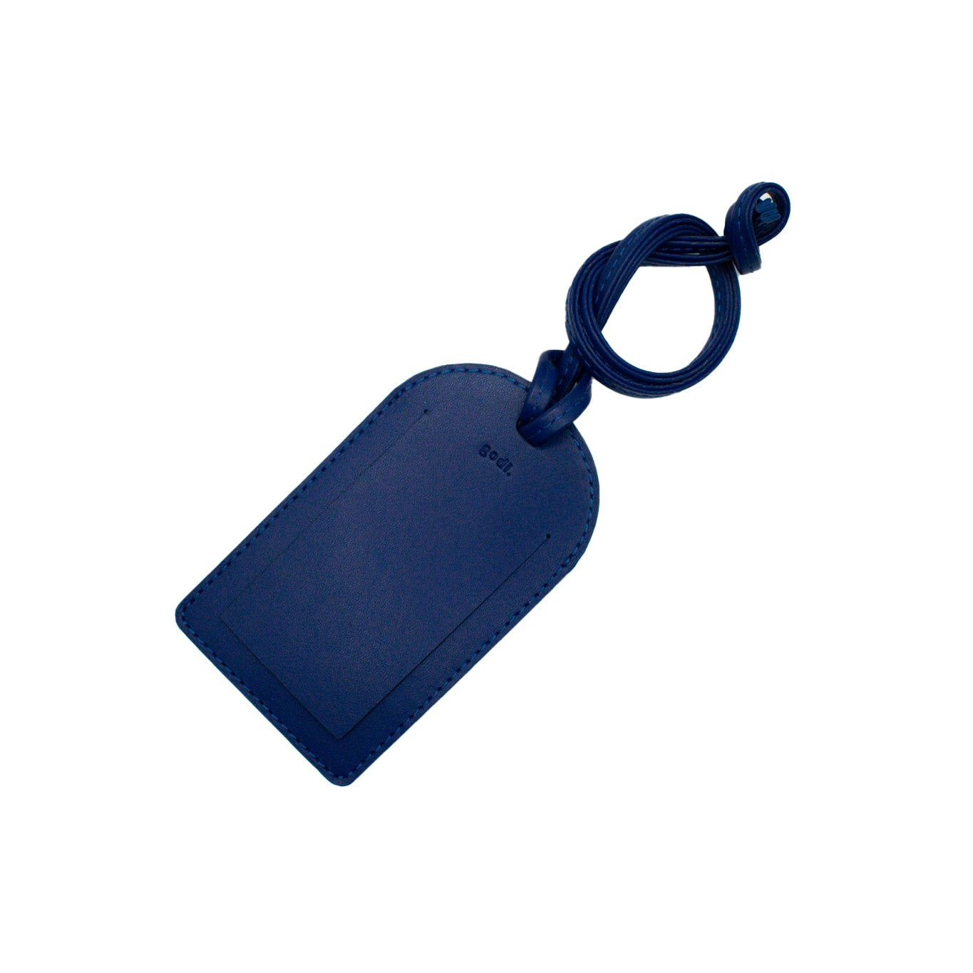 Navy blueluggage tag with a rectangular tag on a white background