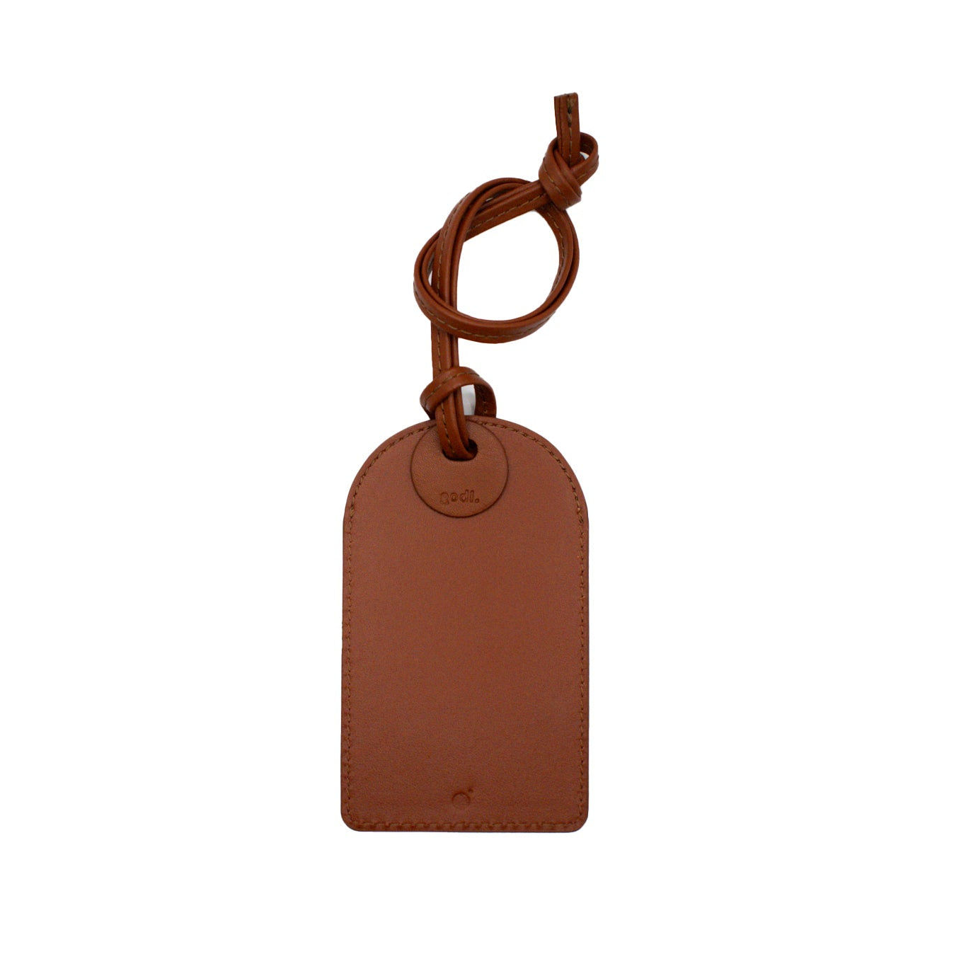 Brown leather luggage tag with a string on a white background
