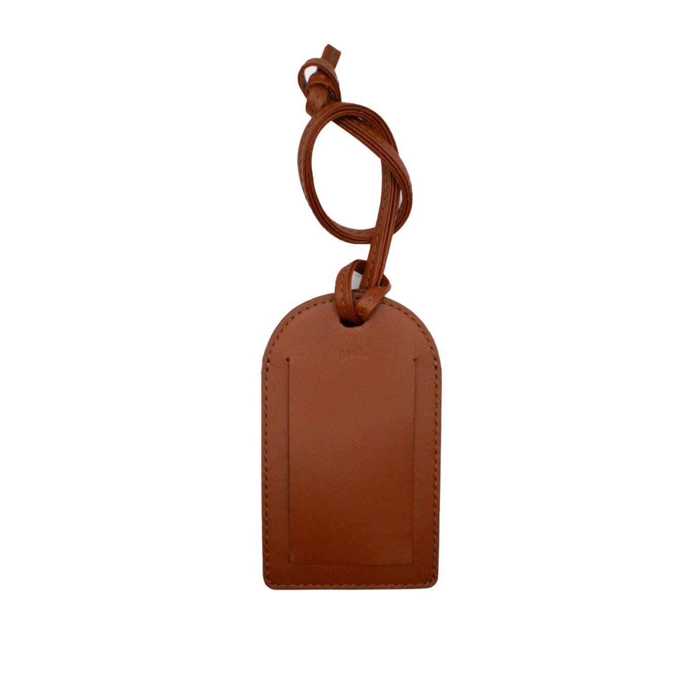 Brown leather luggage tag with a string on a white background
