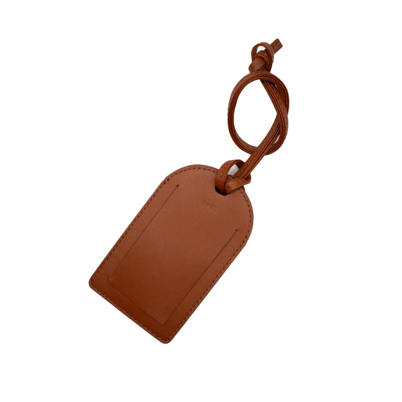 Brown leather tag with a string on a white background