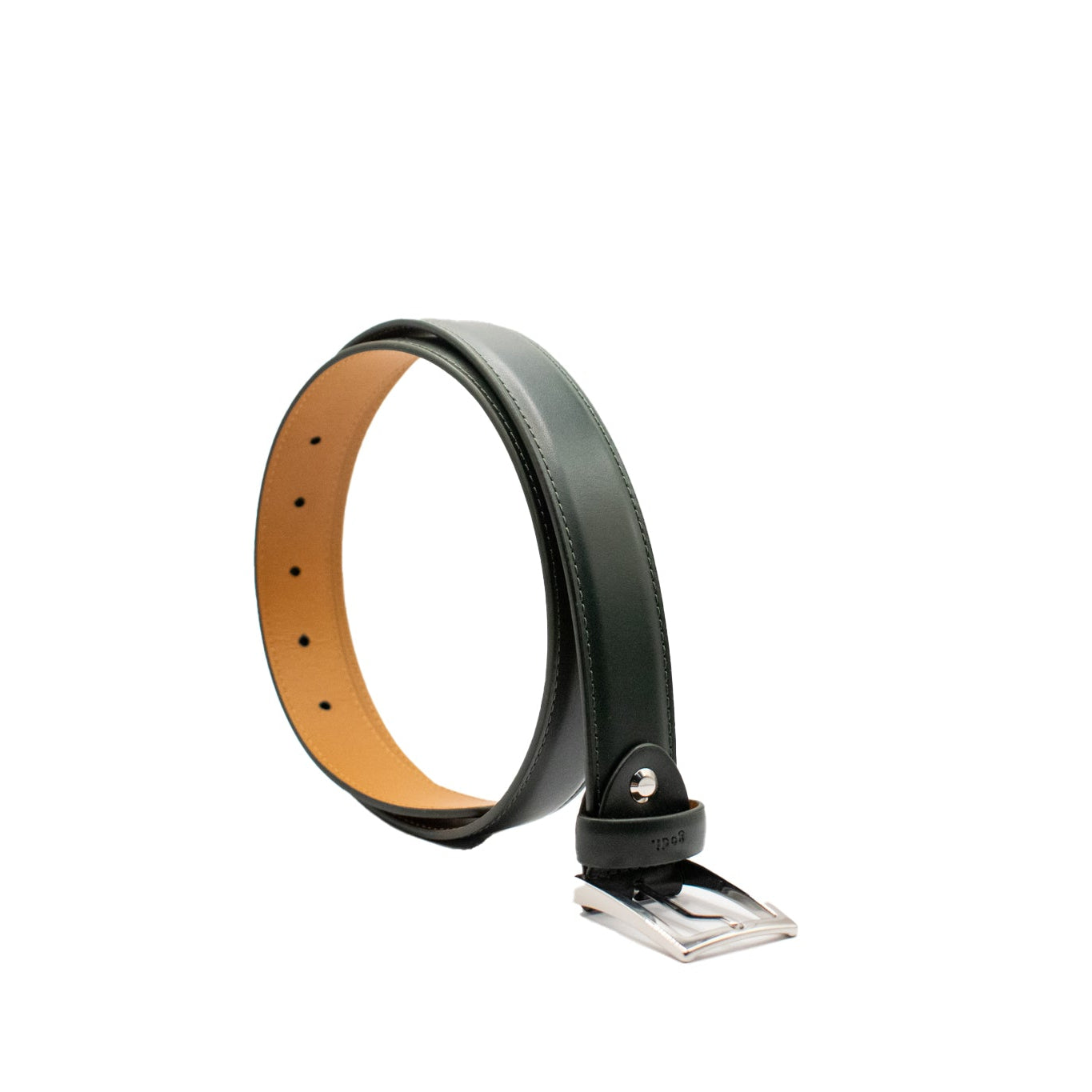 dark green belt with a tan leather lining and silver buckle on a white background