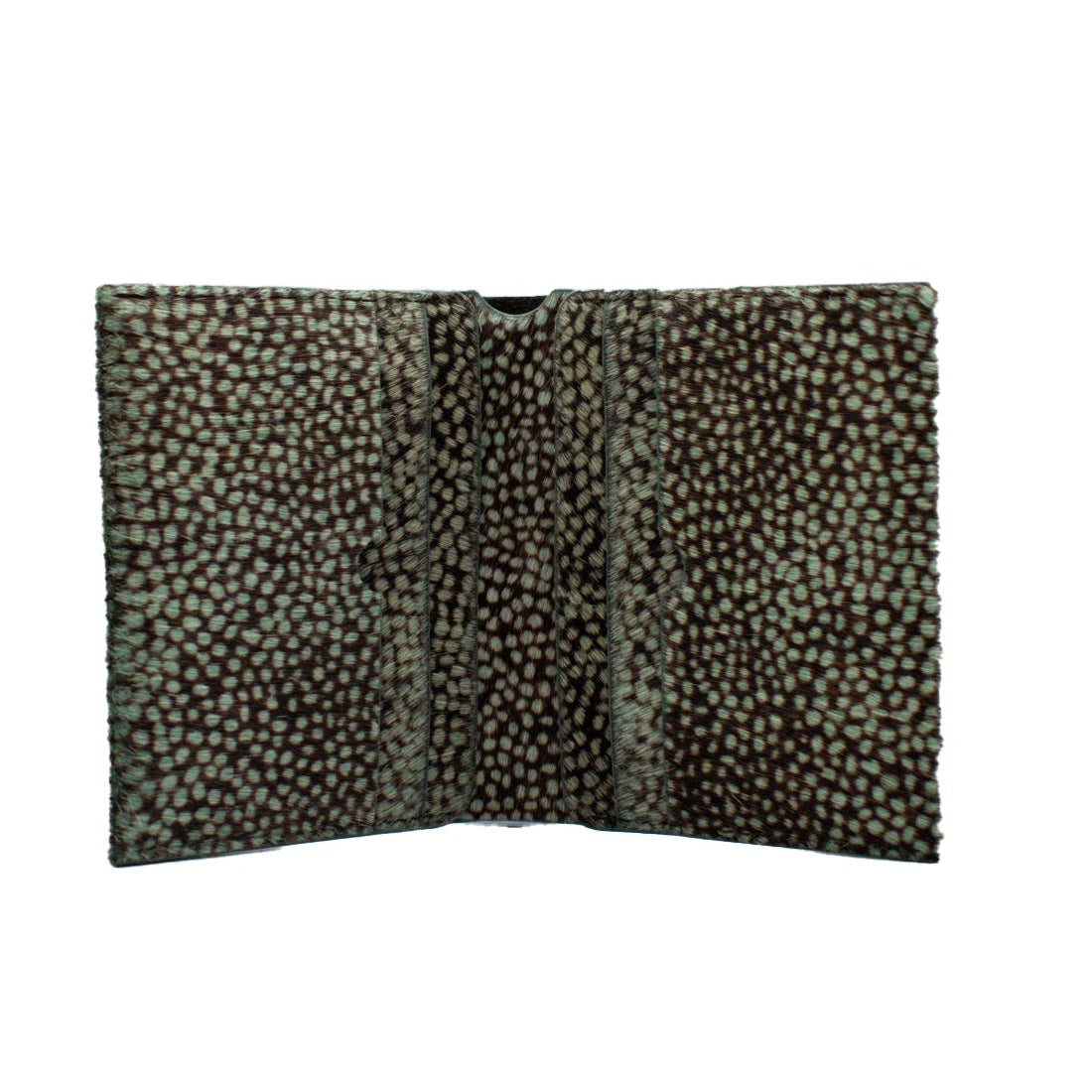 green and gray patterned hairon wallet on a white background