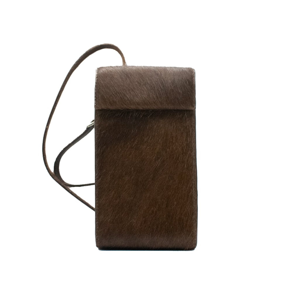Brown leather pouch with a strap on a white background