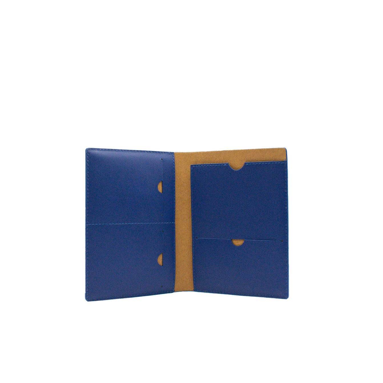 Blue leather passport cover with a tan interior on a white background