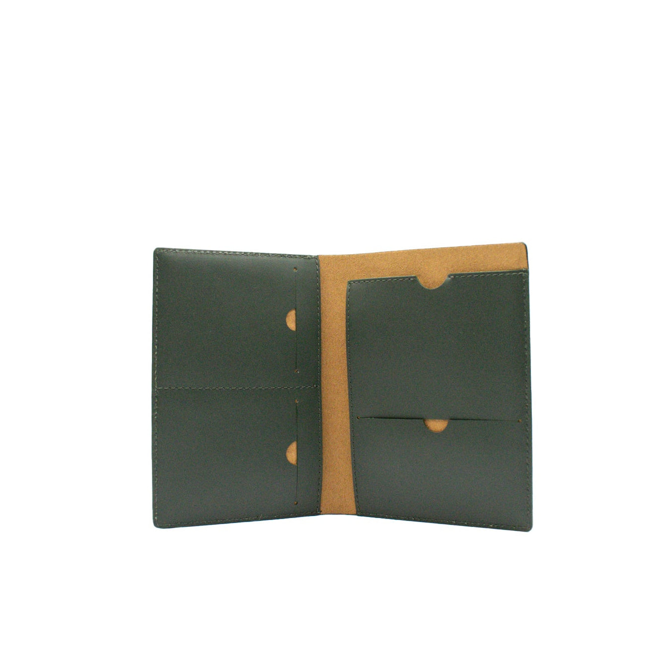 Green leather passport cover with a tan interior lining on a white background