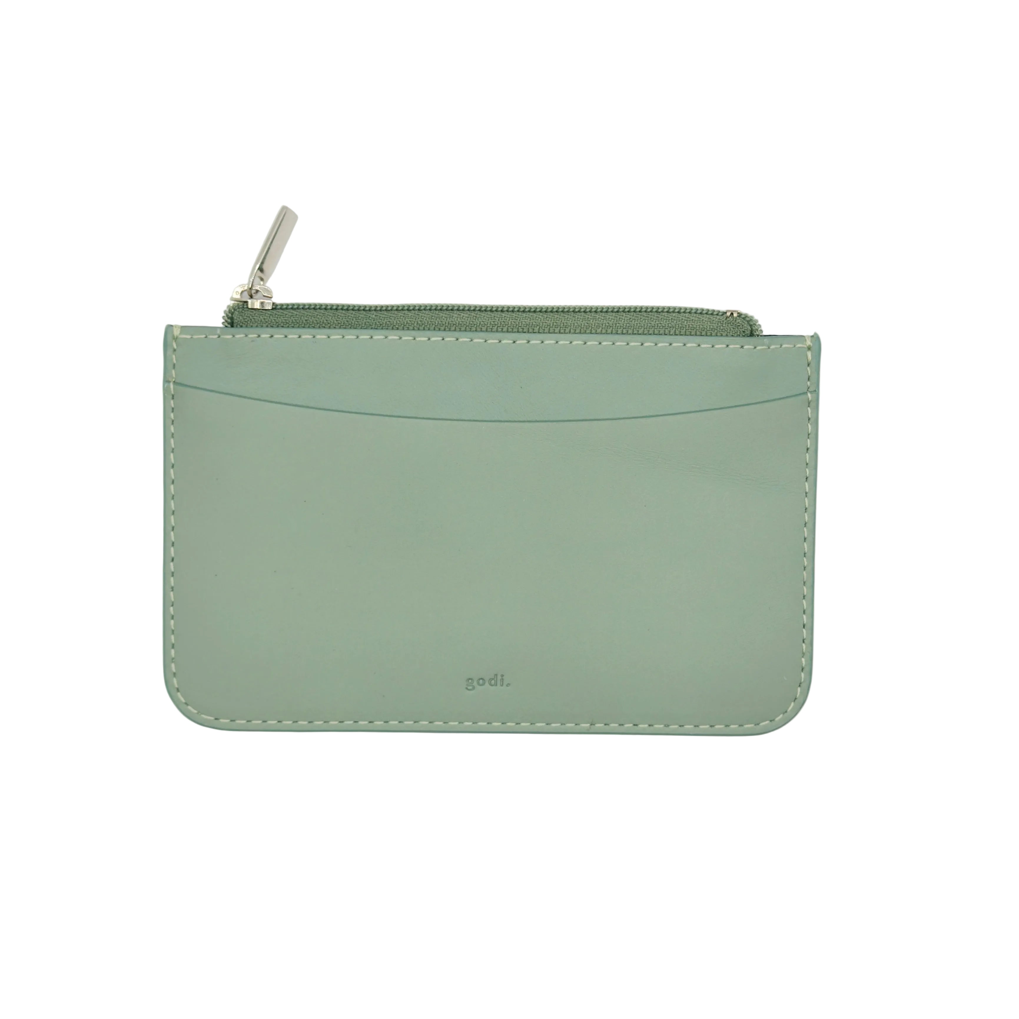 A sage green leather zip pouch with a curved front card slot and silver zipper pull, shown on a clean white background.