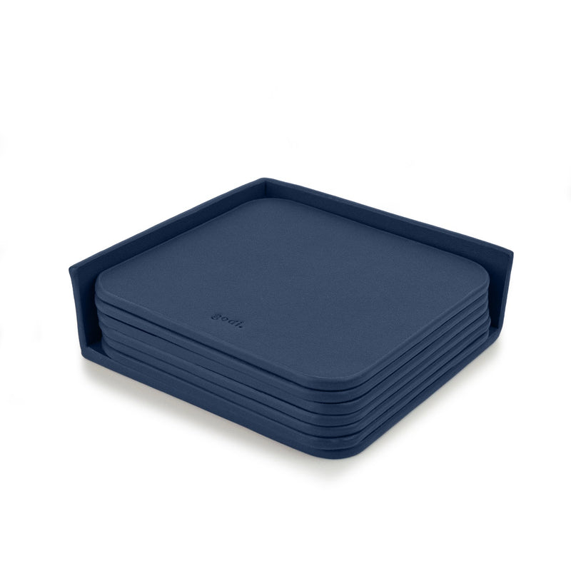 Large Leather Coasters Set in Navy Blue